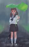  arm_at_side bangs black_skirt blurry blurry_background brown_eyes brown_hair full_body hair_over_shoulder highres holding holding_umbrella kneehighs leaf leaf_umbrella lips litra_(ltr0312) loafers long_hair long_sleeves low_twintails mouth original pleated_skirt rain road school_uniform serafuku shoes skirt smile socks solo standing twintails umbrella white_legwear 