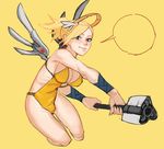  blank_speech_bubble blonde_hair blue_eyes blush breasts cleavage cropped_legs high_ponytail highres hirundo_rustica large_breasts long_hair mechanical_halo mechanical_wings mercy_(overwatch) overwatch solo speech_bubble staff sweat swimsuit wings yellow_background yellow_swimsuit 