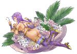  armlet ass back bad_id bad_pixiv_id boots earrings fern flower high_heel_boots high_heels jewelry kali_(p&amp;d) leg_up lily_(flower) long_hair lying mole mole_under_mouth mrider multiple_arms nail_polish on_stomach purple_eyes purple_footwear purple_hair puzzle_&amp;_dragons rose simple_background snake solo thigh_boots thigh_strap thighhighs thong very_long_hair white_background 