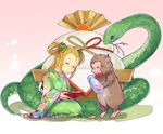  ^_^ alternate_costume bad_id bad_pixiv_id blonde_hair bottle bow bowtie branch closed_eyes commentary_request cup floral_print food fruit gradient gradient_background hair_ornament highres japanese_clothes japanese_macaque kagami_mochi kimono long_hair mandarin_orange meimei_(p&amp;d) monkey mouth_hold mrider new_year obi pink_background puzzle_&amp;_dragons sakazuki sake_bottle sash seiza shadow sitting smile snake tail turtle_shell 
