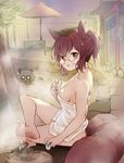  alternate_costume animal_ears bare_shoulders barefoot breasts brown_eyes brown_hair cleavage commentary_request crossed_legs cup from_side futatsuiwa_mamizou glasses grin leaf leaf_on_head looking_at_viewer makuwauri naked_towel onsen partially_submerged raccoon_ears raccoon_tail sitting sleeveless small_breasts smile solo steam tail tanuki touhou towel tray 