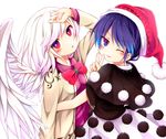  black_capelet blue_eyes blue_hair blush bow bowtie capelet chikuwa_savi doremy_sweet dress hat jacket kishin_sagume long_sleeves looking_at_viewer multiple_girls nightcap one_eye_closed open_mouth pom_pom_(clothes) red_eyes short_hair short_sleeves silver_hair simple_background single_wing smile touhou upper_body v white_background wings 