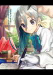  1girl admiral_(kantai_collection) blue_bow blue_hair blue_neckwear blurry blush bow bowtie closed_mouth collared_shirt curtains depth_of_field dress food fountain_pen fruit gloves gradient_hair hair_between_eyes hat highres indoors jewelry kantai_collection kawakami_rokkaku kiyoshimo_(kantai_collection) letterboxed long_hair long_sleeves multicolored_hair pen purple_eyes ring shirt silver_hair sleeveless sleeveless_dress smile solo_focus stamp table text_focus translated tray watermelon watermelon_seeds wedding_band white_gloves white_shirt window wing_collar writing 