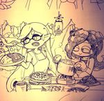  apron bad_id bad_twitter_id commentary_request cooking cup curry curry_rice domino_mask food hotaru_(splatoon) inkling mask monochrome mug multiple_girls octarian octoling pot rice splatoon_(series) splatoon_1 tent tentacle_hair yuri yuta_agc 