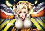  aqua_eyes bangs blonde_hair bodysuit breasts eyelashes feathers glowing highres large_breasts lens_flare light_particles lips long_hair looking_at_viewer mechanical_halo mechanical_wings mercy_(overwatch) night outstretched_arms overwatch ponytail qi_kou red_lips sky smile solo star_(sky) starry_sky upper_body wings yellow_wings 