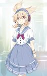  alternate_costume bow bowtie bracelet brown_eyes brown_hair commentary_request dress earmuffs jewelry looking_at_viewer makuwauri pointy_hair puffy_short_sleeves puffy_sleeves red_bow red_neckwear sailor_collar short_hair short_sleeves smile solo touhou toyosatomimi_no_miko 