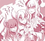  3girls ahoge anger_vein arm_hug bangs blunt_bangs blush carmilla_(fate/grand_order) chaldea_uniform color-les command_spell elizabeth_bathory_(fate) elizabeth_bathory_(fate)_(all) fate/grand_order fate_(series) fujimaru_ritsuka_(female) girl_sandwich hair_between_eyes hair_ornament hair_scrunchie horns long_hair long_sleeves looking_at_another love_triangle monochrome multiple_girls open_mouth pointy_ears sandwiched scrunchie shaded_face tail triangle_mouth upper_body yuri 