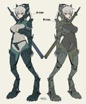  bangs blonde_hair bodysuit breasts commentary_request dated digitigrade expressionless green_eyes hair_between_eyes hairband ikeshita_moyuko large_breasts mecha_musume mechanical_arm mechanical_legs multiple_views original ponytail red_eyes siblings simple_background sketch sword tan_background translation_request twins weapon 