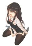  absurdres asashio_(kantai_collection) between_legs black_hair black_legwear blouse blue_eyes dress foodtoyc from_above full_body hair_between_eyes hand_between_legs hand_on_ankle hand_on_leg highres kantai_collection long_hair looking_at_viewer neck_ribbon open_mouth pinafore_dress pleated_dress red_ribbon remodel_(kantai_collection) ribbon school_uniform sitting solo white_background white_blouse 