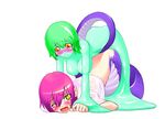  blush bottomless breasts girl_on_top goo_girl green_hair lamia monster_girl multiple_girls nipples nude okayado one_eye_closed open_mouth original red_hair restrained see-through shirt slime slit_pupils tail tears top-down_bottom-up wet wet_clothes wet_shirt wince yellow_eyes yuri 