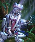  animal animal_ears animal_on_lap armlet blue_eyes boots breasts cleavage closed_mouth dark detached_collar flower forest fur_trim glint grass hair_over_one_eye head_wreath highres jewelry knee_up large_breasts long_hair looking_at_viewer nature necklace on_ground one_eye_covered original pendant petals pink_flower qi_kou sitting smile solo sparkle strapless tail thigh_boots thighhighs tiger tiger_cub tiger_ears tiger_tail tree very_long_hair white_footwear white_hair white_tiger wrist_cuffs 