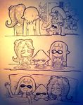  3girls baby bad_id bad_twitter_id breasts child comic commander_atarime commentary_request denim denim_shorts dj_takowasa domino_mask eating hybrid inkling large_breasts mask monochrome multiple_boys multiple_girls octarian octoling shirt shorts sleeping splatoon_(series) splatoon_1 tank_top tentacle_hair yuri yuta_agc 