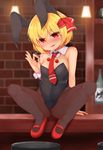  animal_ears ass bare_arms bare_shoulders blonde_hair blurry blush brown_legwear bunny_ears bunnysuit detached_collar fake_animal_ears full-face_blush full_body hair_ribbon head_tilt highleg highres indoors lips looking_at_viewer mary_janes necktie pantyhose red_eyes ribbon rumia shoes short_hair sitting smile solo tokoya_(ex-hetare) tongue tongue_out touhou wrist_cuffs 
