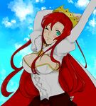  blush boudica_(fate/grand_order) breasts cape cleavage crown fate/grand_order fate_(series) green_eyes juliet_sleeves large_breasts long_hair long_sleeves nanatsu_(nns7412) puffy_sleeves red_hair shrug_(clothing) solo 