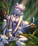  animal animal_ears animal_on_lap armlet blue_eyes boots breasts cleavage closed_mouth dappled_sunlight detached_collar flower forest fur_trim glint grass hair_over_one_eye head_wreath highres jewelry knee_up large_breasts light_rays long_hair looking_at_viewer nature necklace on_ground one_eye_covered original pendant petals pink_flower qi_kou sitting smile solo sparkle strapless sunlight tail thigh_boots thighhighs tiger tiger_cub tiger_ears tiger_tail tree very_long_hair white_footwear white_hair white_tiger wrist_cuffs 