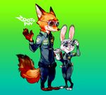  2016 anthro barefoot belt brown_fur canine claws clothing digital_media_(artwork) disney duo eyewear female fox fur green_eyes grey_fur judy_hopps lagomorph male mammal necktie nick_wilde orange_fur pants pink_nose police police_uniform purple_eyes purple_nose rabbit shirt smile source_request sunglasses teeth uniform unknown_artist white_fur zootopia 