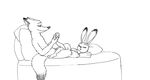  2016 anthro barefoot bed bernielover black_and_white canine clothed clothing disney duo female foot_rub fox fur hi_res judy_hopps lagomorph male mammal massage monochrome nick_wilde rabbit simple_background sitting sleeping smile topless white_background zootopia 