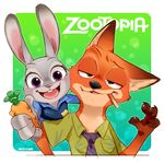  anthro black_nose canine clothing disney duo english_text female fox fur green_eyes grey_fur happy judy_hopps kemo_nuko lagomorph long_ears male mammal necktie nick_wilde open_mouth orange_fur pen purple_eyes rabbit text uniform zootopia 