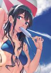  armpits bare_arms bare_shoulders bikini bikini_top black_hair blue_bikini blue_bikini_top blue_eyes blue_sky breasts cloud collarbone condensation_trail day food from_below hand_behind_head highres holding holding_food kantai_collection long_hair looking_at_viewer looking_down ooyodo_(kantai_collection) pink_lips popsicle saliva saliva_trail sky small_breasts solo summer swimsuit ts422 