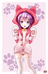  absurdres akatori_(redbird) akebono_(kantai_collection) alternate_costume artist_name bell bell_choker cat_paws choker commentary_request eyebrows gloves highres hood hooded_jacket hoodie jacket kantai_collection looking_at_viewer md5_mismatch paw_gloves paw_pose paw_print paws purple_eyes purple_hair solo standing 
