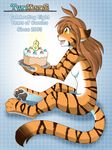  2011 breasts cake digitigrade drooling ears_back english_text featureless_breasts feline female flora_(twokinds) food fur keidran mammal multicolored_fur nude open_mouth orange_fur pawpads saliva side_boob simple_background sitting smile solo striped_fur stripes text tiger tom_fischbach tongue twokinds white_fur 