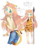  animal_ears animal_print aqua_eyes barefoot blush bracelet denim farfalia from_behind highres jeans jewelry kyuuri_(miyako) lion_ears lion_girl lion_tail long_hair open_mouth pants pink_hair polearm pop-up_story sketch solo spear tail tiger_print translation_request weapon white_background 