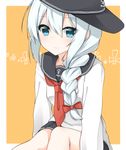  alternate_hairstyle anchor_symbol blue_eyes braid commentary_request eyebrows eyebrows_visible_through_hair hair_over_shoulder hat hibiki_(kantai_collection) kantai_collection light_smile long_hair looking_at_viewer necktie rateratte red_neckwear school_uniform serafuku silver_hair single_braid solo upper_body 