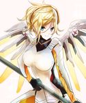  bangs blonde_hair blue_eyes bodysuit breasts holding holding_staff holding_weapon large_breasts long_hair looking_at_viewer m-musume_(catbagel) mechanical_halo mechanical_wings mercy_(overwatch) overwatch ponytail smile solo staff upper_body weapon wings yellow_wings 