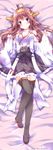  ahoge bare_shoulders bed_sheet blush boots breasts brown_hair cleavage dakimakura double_bun from_above full_body hair_intakes hairband kantai_collection kongou_(kantai_collection) long_hair looking_at_viewer lying medium_breasts nanoha-h nontraditional_miko on_back purple_eyes ribbon-trimmed_sleeves ribbon_trim skirt solo thigh_boots thighhighs wide_sleeves 