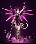  alternate_costume arm_up bodysuit breasts dark_persona demon_horns demon_tail facial_mark faulds forehead_mark full_body gloves glowing highres holding holding_staff horns imp_mercy light_particles lips lipstick makeup mechanical_halo mechanical_wings mercy_(overwatch) nastassia_wallace outstretched_arm overwatch purple_background purple_eyes purple_hair purple_lipstick purple_wings short_hair small_breasts smile solo spread_wings staff standing tail wings 