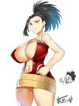  areola_slip areolae black_hair boku_no_hero_academia breasts center_opening cleavage covered_nipples hands_on_hips huge_breasts leotard long_hair mineta_minoru obui ponytail red_leotard short_hair thick_thighs thighs yaoyorozu_momo 