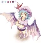  :d alternate_costume bat_wings blue_hair commentary_request contemporary crossed_arms dutch_angle fang from_above full_body gym_shorts gym_uniform hat hat_ribbon looking_at_viewer makuwauri mary_janes mob_cap name_tag open_mouth red_eyes red_ribbon remilia_scarlet ribbon shoes short_hair short_sleeves shorts smile socks solo touhou white_legwear wings 