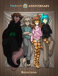  2013 :3 basitin blue_hair bottomless brown_fur brown_hair canine clothed clothing digitigrade english_text feline female floor flora_(twokinds) fully_clothed fur group hair human keidran keith_keiser long_hair lying male mammal multicolored_fur natani on_back one_eye_closed orange_fur simple_background smile striped_fur stripes text tiger tom_fischbach trace_legacy twokinds white_fur wolf 