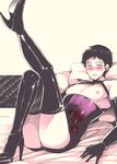  1boy bandage black_boots black_gloves black_hair blush boots corset crossdressing e_(remix99) elbow_gloves gloves high_heel_boots high_heels looking_at_viewer lying male_focus muscle nipples smile solo steam tagme thigh_boots thighhighs 
