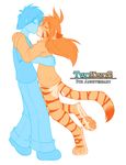  2012 bottomless clothed clothing digitigrade duo ears_back english_text eyes_closed feline female flora_(twokinds) human interspecies keidran kissing male mammal one_leg_up partially_clothed pawpads restricted_palette romantic_couple simple_background text tiger tom_fischbach trace_legacy twokinds white_background 
