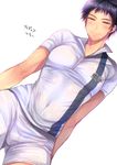  1boy bandage black_hair bulge dutch_angle e_(remix99) looking_at_viewer male_focus navel smile soccer_uniform solo tagme white_background 