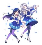  72producer absurdres blue_hair brown_eyes detached_sleeves hair_ornament hairband highres idolmaster idolmaster_(classic) idolmaster_platinum_stars kisaragi_chihaya long_hair multiple_girls pantyhose purple_eyes shijou_takane silver_hair smile 