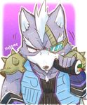  angry anthro armor black_nose canine chewing clothing eye_patch eyewear fingerless_gloves food fur gloves grey_fur hair jacket kemo_nuko male mammal nintendo shoulder_pads simple_background solo star_fox sushi video_games white_fur white_hair wolf wolf_o&#039;donnell 