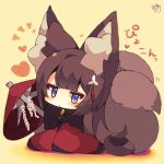  2girls :&lt; animal_ear_fluff animal_ears azur_lane beige_background black_shirt blush breasts brown_hair character_request chibi fox_ears fox_girl fox_tail full_body head_tilt heart highres large_breasts long_hair long_sleeves looking_at_viewer multiple_girls multiple_tails muuran parted_lips purple_eyes shirt signature sleeves_past_fingers sleeves_past_wrists solo tail translation_request triangle_mouth two_tails very_long_hair wide_sleeves 