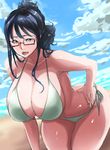  bare_shoulders bikini black_hair blush breasts cleavage cloud collarbone curvy day glasses green_bikini hanging_breasts huge_breasts leaning_forward long_hair looking_at_viewer ogura_anko one_piece red-framed_eyewear short_hair sky solo swimsuit tashigi thick_thighs thighs wide_hips 