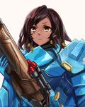  armor bangs bodysuit braid brown_eyes brown_hair dark_skin eye_of_horus eyebrows eyebrows_visible_through_hair facial_mark facial_tattoo gun hair_tubes holding holding_gun holding_weapon long_hair m-musume_(catbagel) overwatch parted_bangs pauldrons pharah_(overwatch) power_armor power_suit rocket_launcher shoulder_pads side_braids simple_background solo tattoo upper_body weapon white_background 