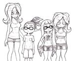  3girls bad_id bad_twitter_id bike_shorts breasts commentary denim denim_shorts domino_mask height_difference inkling large_breasts mask monochrome multiple_girls octarian octoling shirt shorts splatoon_(series) splatoon_1 tank_top tentacle_hair yuta_agc 