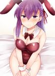  animal_ears bare_shoulders blush bow bowtie breasts bunny_ears bunnysuit cleavage collarbone detached_collar embarrassed fate/stay_night fate_(series) hair_ribbon highleg highleg_leotard large_breasts leotard long_hair matou_sakura md5_mismatch purple_eyes purple_hair red_leotard ribbon sabujiroko shiny shiny_clothes solo sweatdrop wrist_cuffs 