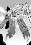  arm_cannon cannon cloud decepticon greyscale insignia kamizono_(spookyhouse) machinery mecha mechanical_wings megatron monochrome mountain no_humans redesign robot sky solo transformers weapon wings 