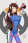  ;) aori_sora ass_visible_through_thighs bangs bodysuit brown_eyes brown_hair closed_mouth d.va_(overwatch) facial_mark gloves gun headphones long_hair looking_at_viewer one_eye_closed overwatch pilot_suit smile solo weapon whisker_markings white_gloves 