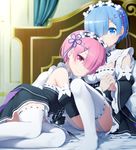  :o alternate_legwear bed_sheet blue_eyes blue_hair bow breast_pillow breasts cleavage curtains detached_collar detached_sleeves dress frilled_dress frilled_sleeves frills garter_straps hair_ornament hair_over_one_eye haribote_(tarao) head_on_chest holding_hands indoors interlocked_fingers knee_up looking_at_viewer lying maid maid_headdress medium_breasts multiple_girls no_shoes on_bed on_side open_mouth pillow pink_hair ram_(re:zero) re:zero_kara_hajimeru_isekai_seikatsu red_eyes rem_(re:zero) ribbon-trimmed_clothes ribbon-trimmed_collar ribbon-trimmed_legwear ribbon-trimmed_sleeves ribbon_trim short_hair siblings sisters sitting smile thighhighs twins underbust white_legwear x_hair_ornament 