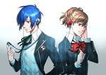  1girl blue_eyes bow brown_hair digital_media_player female_protagonist_(persona_3) hair_between_eyes hair_over_one_eye headphones minato_(robin) persona persona_3 persona_3_portable red_eyes ribbon school_uniform short_hair yuuki_makoto 