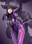  bad_id bad_pixiv_id bhm black_hair bodysuit breasts drill_hair eyepatch fingerless_gloves gloves han_juri hand_on_own_head large_breasts purple_bodysuit purple_eyes short_hair skin_tight slender_waist smile solo street_fighter street_fighter_v twin_drills unzipped zoom_layer 