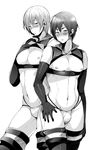  2boys blush bulge e_(remix99) elbow_gloves gloves looking_at_viewer monochrome multiple_boys muscle navel nipples thighhighs underwear undressing 