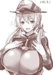  2016 :d alternate_breast_size breasts dated gloves hand_on_own_chest hat huge_breasts iron_cross kantai_collection kurokawa_otogi looking_at_viewer monochrome open_mouth peaked_cap prinz_eugen_(kantai_collection) short_twintails smile solo twintails 